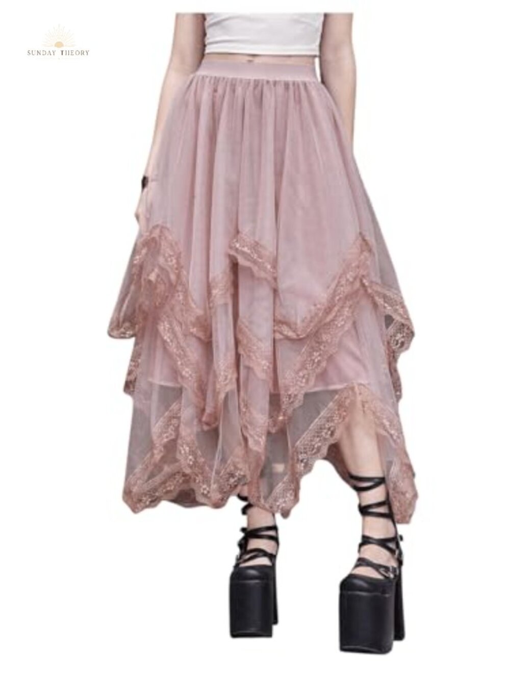 Lace Trim Layered Mesh Tulle Asymmetrical High Low Gothic Flowy Skirt